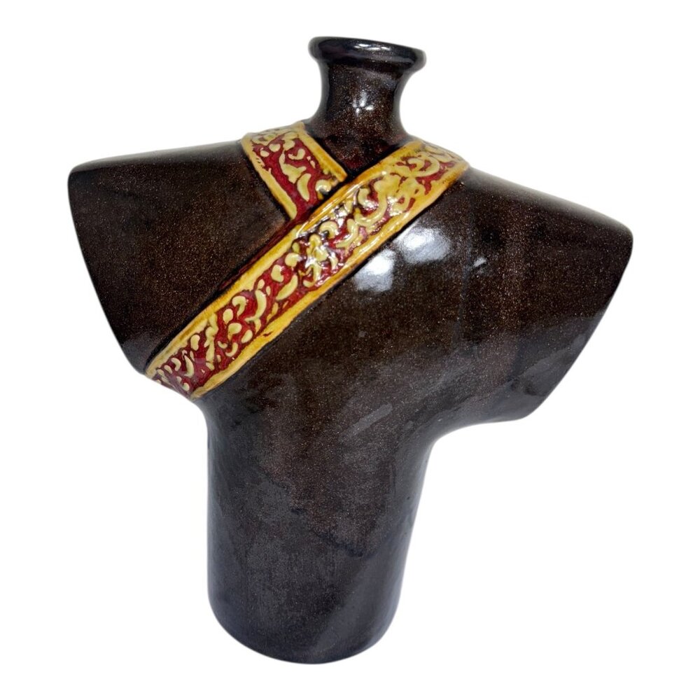 Vintage Kimono-Inspired Ceramic Abstract Vase W/ Ornate Red & Gold Detailing 12”